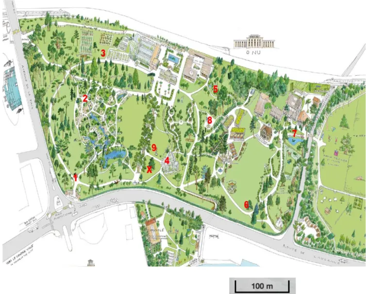 Figure  3: ​  Plan du jardin botanique de Genève ​  ​ disponible sur le site web de l’institution et  libre d’accès. Ce plan contient l’emplacement des postes ainsi que les différents repères ainsi  que tous les chemins du parc. 