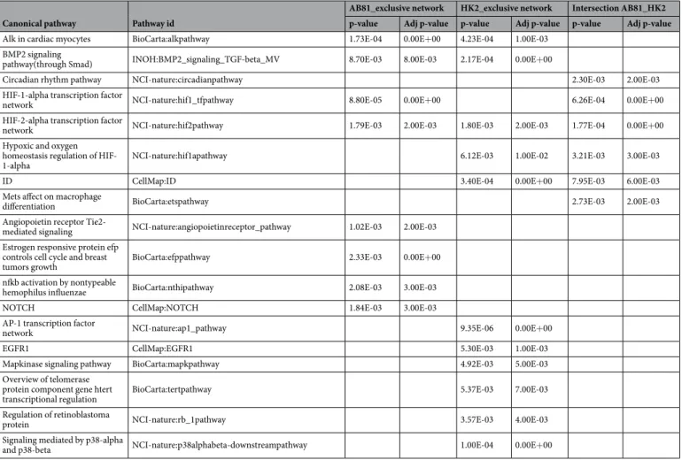 Table 2.  Summary of canonical signal transduction pathways. Adjusted p-value: corresponds to a p-value that  is estimated from the results of 1,000 simulated null hypothesis queries 65 .