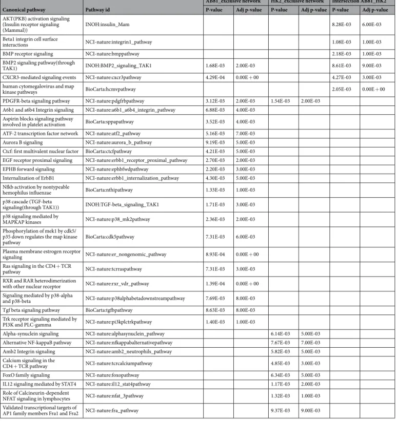 Table 3.  Summary of canonical signal transduction pathways (Normoxia). Adjusted p-value: corresponds to a  p-value that is estimated from the results of 1,000 simulated null hypothesis queries 65 .