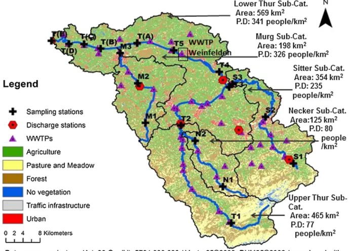 Fig. 1. Location of the sampling sites, sub-catchments (Sub-Cat.), major discharge stations, waste water treatment plants (WWTPs) and the land use classiﬁcation in the Thur catchment