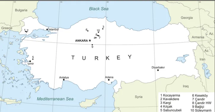 Fig. 1 Map of Turkey with indication of the fossil localities with anguine specimens described herein
