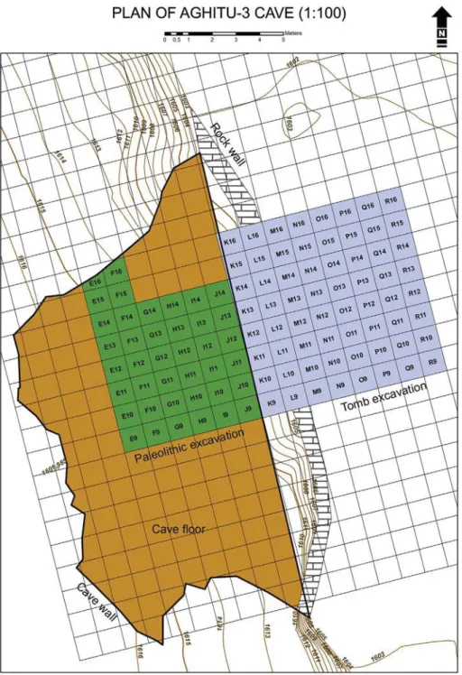 Figure 3. Plan of Aghitu-3 showing the Paleolithic excavation in green and the tomb excavation in light blue