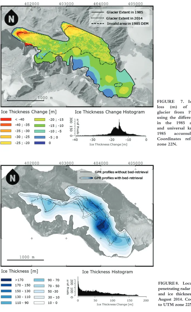 FIGURE  7.  Ice  thickness  loss (m) of Aqqutikitsoq  glacier from 1985 to 2014  using the difference of DEMs  in the 1985 ablation area  and universal kriging in the  1985 accumulation area