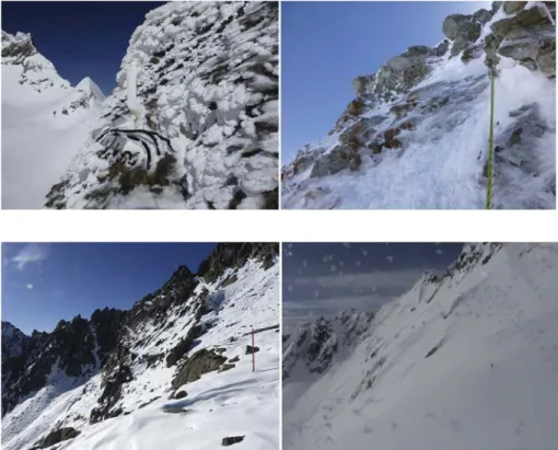 Fig. 10. a (left): loose snow slides on the South face of Gemsstock, 8 December 2014. Panel b (right): Shallow slab avalanche on the South face of Gemsstock, 28 December 2012