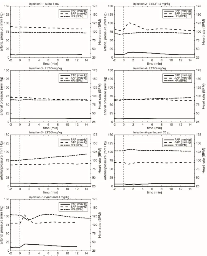 Fig. S5. Pig 3 (22 kg male)—Summary: Monitoring of PAP, SAP, and HR changes after injection; dashed line denotes  injection time