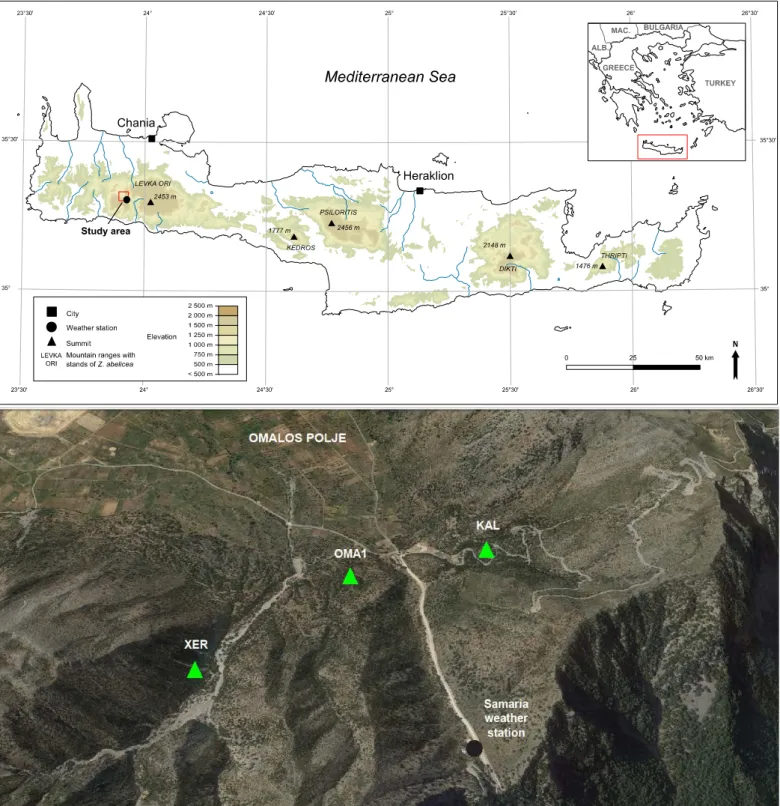 Fig. S1. Location of the study region and  of the three  sampling sites (OMA, KAL, XER) as well as  the  closest weather station (Samaria station) on the sides of the Omalós polje in the Levka Ori, western Crete