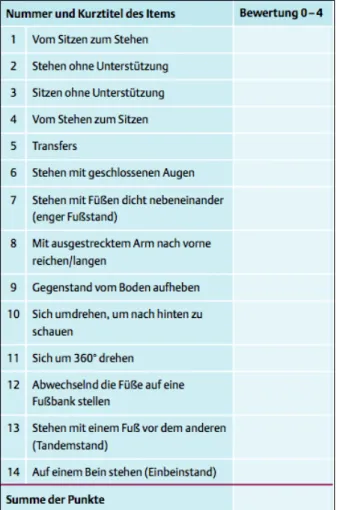 Abb. 1: Die 14 Items der Berg Balance Scale (Schädler, 2007, S. 41) 