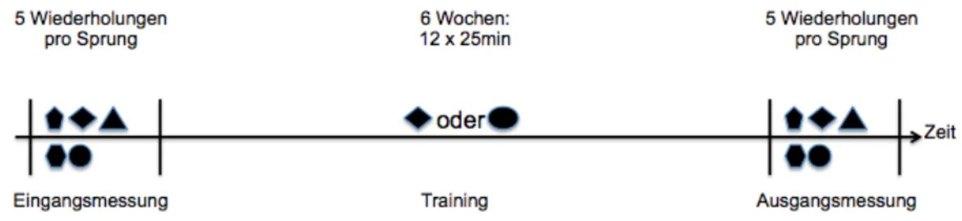 Abbildung 4. Vor und nach dem 6-wöchigen Training des Counter Movement Jumps (CMJ) oder des  Drop  Jumps  (DJ)  wurden  fünf  Parameter  mit  dem  Optogait  (Untersuchungsinstrument)  erfasst