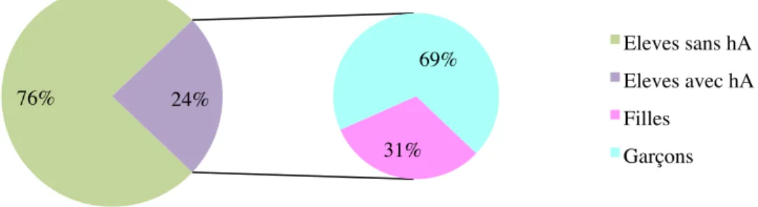 Figure 15 : Camemberts. Répartition en pourcentage des élèves sanctionnés par des heures d’arrêt (hA)  en fonction de leur sexe