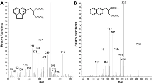 Fig. 5 e Comparison of mass fragmentation patterns of naphthyl methylsuccinate (gray bars) and putative acenaphthyl methylsuccinate (black bars)