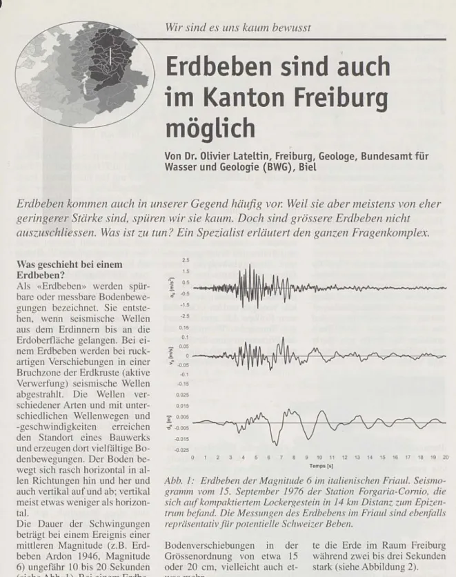 Abb.  1: Erdbeben der Magnitude 6  im italienischen Friaul. Seismo-  gramm  vom 15.  September 1976 der Station Forgaria-Cornio,  die sich auf kompaktiertem  Lockergestein in 14 km Distanz zum Epizen­