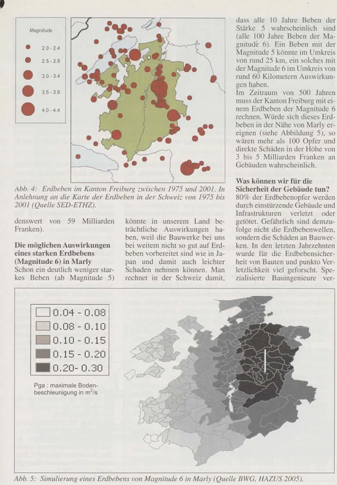 Abb.  4: Erdbeben im Kanton Freiburg zwischen 1975 und  2001. In Anlehnung  an die Karte  der Erdbeben in der Schweiz von 1975 bis 2001 (Quelle SED-ETHZ).