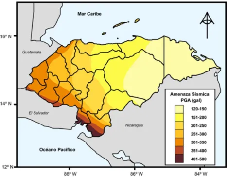 Figura 4: mapa de amenaza sísmica de Honduras, para un período de retorno de 500  años