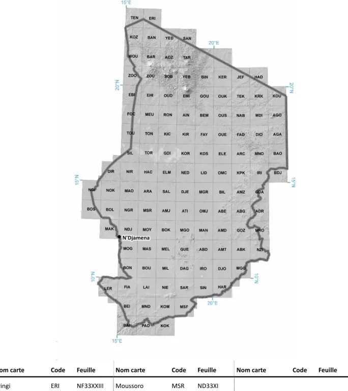 Fig. 1.1 – Carte index des codes géographiques du SIRE, selon découpage cartographique au 1:200 000 du Tchad