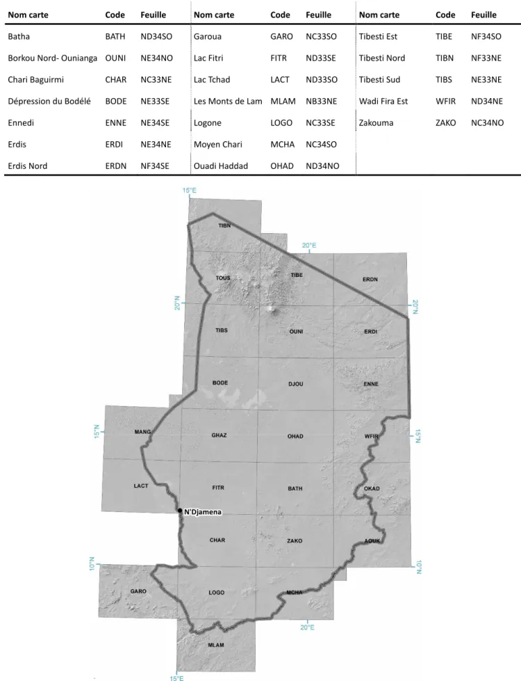 Fig. 1.2 – Carte index des codes géographiques du SIRE, selon découpage cartographique au 1:500 000 du Tchad. 