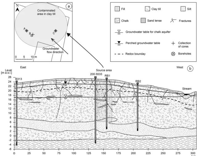 Fig. 1. (a) The source zone at the Vadsby site after investigations carried out in 2007