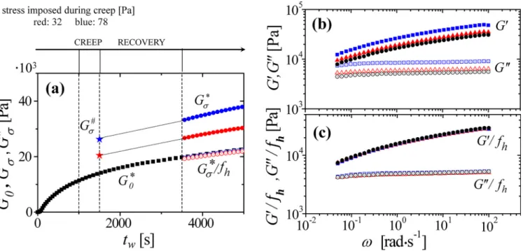 FIG. 5. Investigation of stress hardening. (a) Age dependence of complex modulus measured with x¼ 10 rad/s and c ¼ 10 -3 for the quiescent gel G  0 and for the gels after creep and recovery G  r 