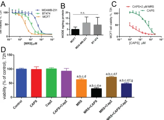 Fig 3. Effects of MRS treatment on cell viability of cancer cell lines. A. Cells were treated with MRS at different concentrations for 72 h