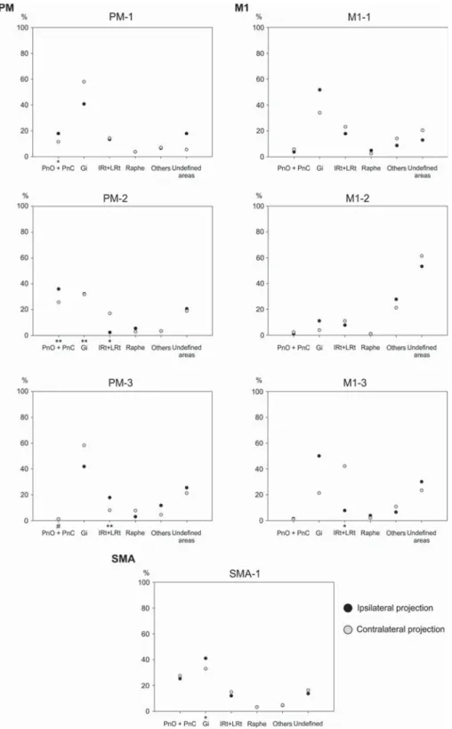 Fig. 6. Distribution of BDA-labelled axonal boutons across brainstem nuclei in each monkey