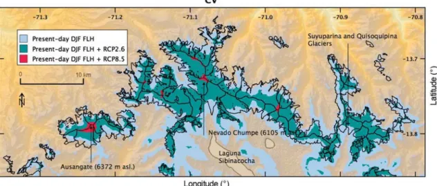 Figure 11. Glaciers in the CV (black lines) with the area above the present-day FLH (light blue) and the area above the mean end-of-century FLH from the multimodel median model runs under emission scenarios RCP2.6 (green) and RCP8.5 (red)