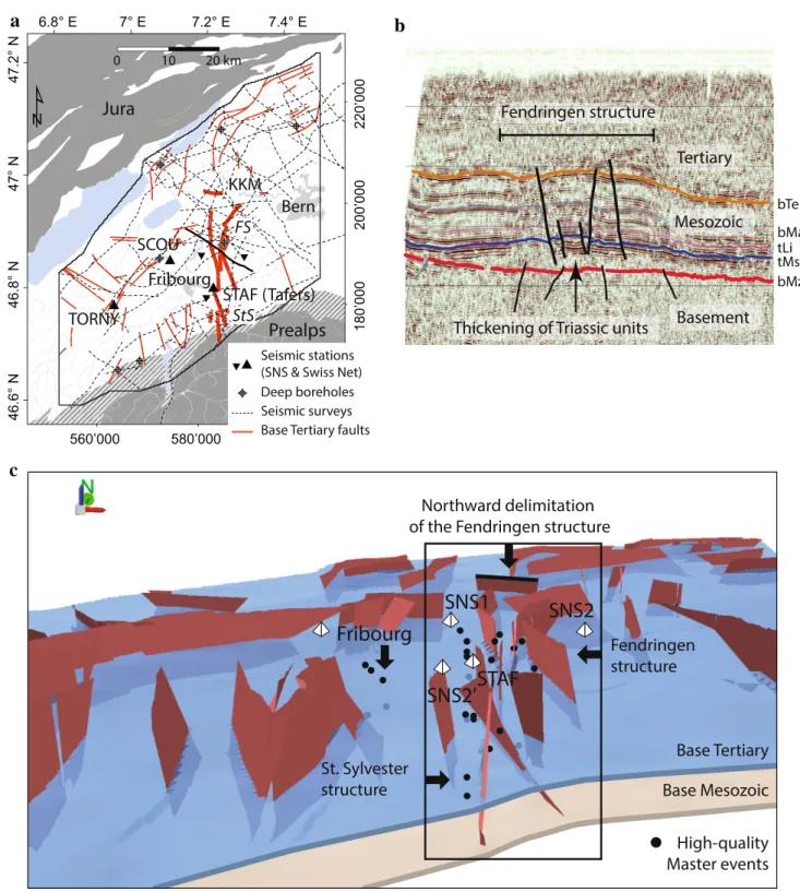 Fig. 9 a Base Tertiary horizon structural map by (Interoil 2010) (bold lines) with traces of interpreted seismic profiles (dotted lines) and location of deep boreholes used for calibration (tagged circles).