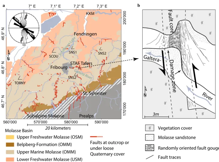 Fig. 10 a Geological map of the study area with observed fault distribution (Source: GA25; Ibele 2011; Matzenauer 2012;  Vouil-lamoz 2015)