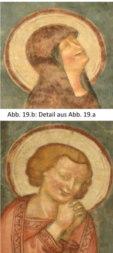 Abb. 19.a: Unbekannter Künstler, Kreuzigung, um  1360, abgenommenes Fresko, 185 x 177 cm, Saal  des Abendmahl, Florenz, Kirche Santo Spirito.  Ursprünglich aus einem Bischofspalast in  Montello (Treviso).   Abb. 20: Desiderio da Semgnano, Pietà aus dem Tab