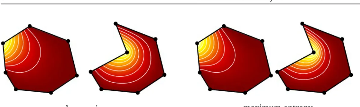 Figure 1.3. Visualization of harmonic and maximum entropy coordinates for a simple polygon.