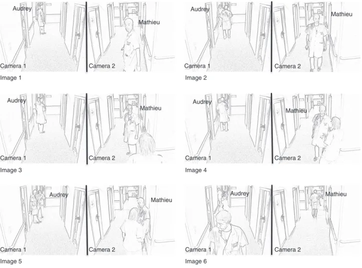 Figure 3 Split-Screen Images of Excerpt 2 [Talk Event No 205]. Abbreviations such as I-1 or I-2 in the transcript and the text refer to the corresponding images above.