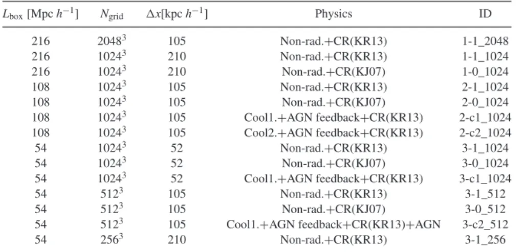 Table 1 lists the simulations used for this work, showing the dif- dif-ferent choices for the physical mechanisms, as well as the grid size.