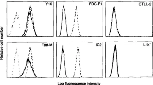 Fig. 2. Row cytometry analysis of cloned cell lines. Various cloned cell lines were stained with 0.5 IIQI50 jd of either H7 (—) or R52 mAb (•—) in combination with FITC-coupled F(abO 2  fragments of goat anti-rat IgG as descnbed in Fig 1