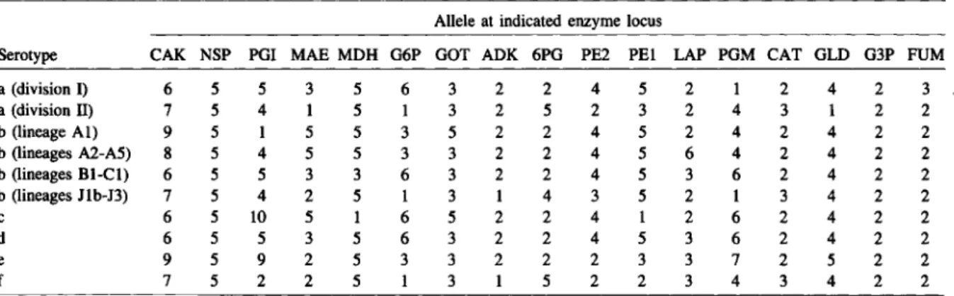 Table 12. Modal ETs of common strains of encapsulated H. influenzae.