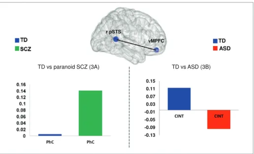 Fig. 3.  Group × connectivity interaction. Connectivity was calculated using the right pSTS as a seed region (ANOVA second-level for  CInt&gt;PhC, P = .001 uncorrected, k &gt; 15)