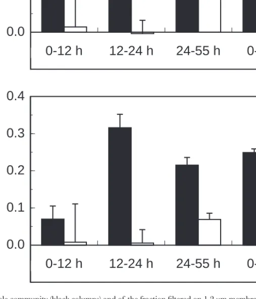 Fig. 1. Respiration rate of the whole community (black columns) and of the fraction filtered on 1.2 µm membranes (white columns) as a function of the incubation period