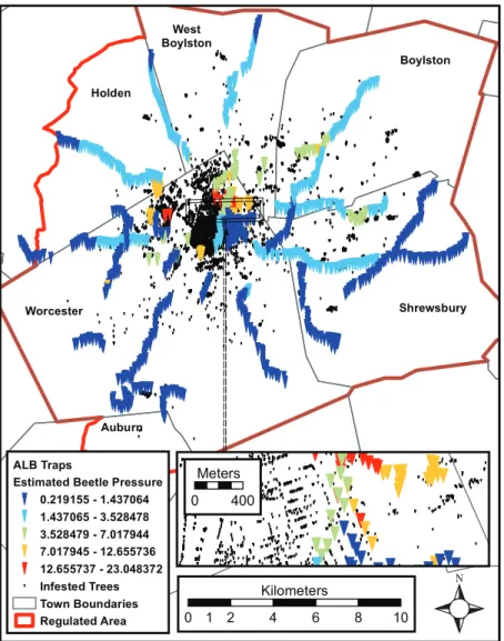 Fig. 1. Filled colored triangles (many overlapping each other) indicate the locations of individual traps, and the estimated beetle pressure on that trap at the time of its deployment
