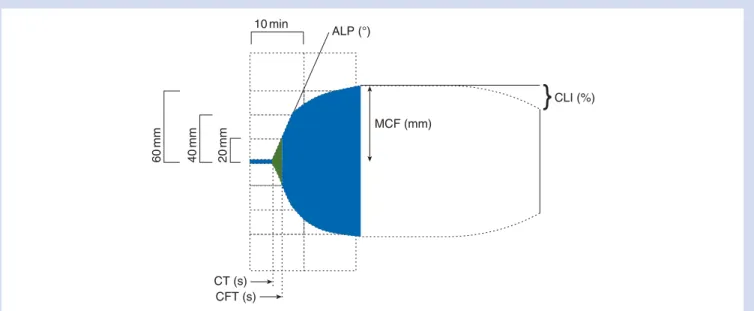 Fig 1 Representative thromboelastometric tracing (ROTEM w ) showing the dynamics of initiation of coagulation (CT), propagation of coagu- coagu-lation (CFT and ALP), maximum clot firmness (MCF), and clot lysis index (CLI).