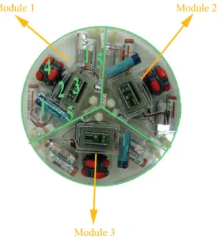 Fig. 1. Three identical modules form one robot. Each module has the following elements: batteries (1), servo motor (2), basic stamp controller (3), omnidirectional wheel (4) and permanent magnet (5).