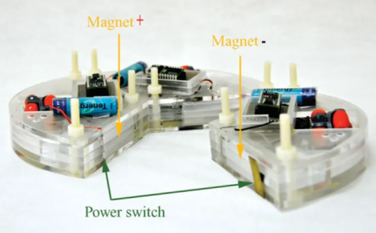 Fig. 3. A module is ready to snap in a double module and form a robot. The magnets installed on the sides of each module are in such orientation that connectivity is possible only for producing the desired replica