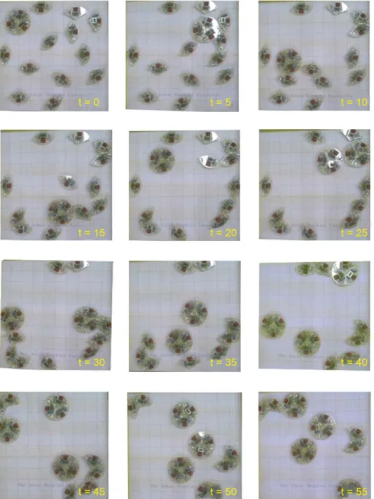 Fig. 6. A robot and 12 modules are placed in a bounded environment. The robot will move around and produce replicas from the unassembled modules