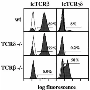 Fig. 8. Expression of icTCR β or icTCR γδ in DN4 thymocytes from normal or mutant mice