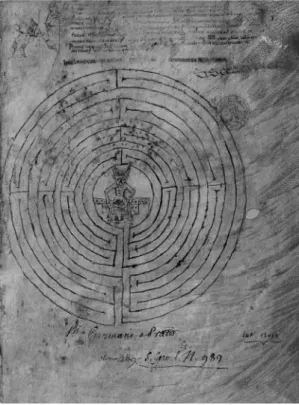 Abb. 3: Labyrinth auf dem Deckblatt einer komputistischen Sammelhandschrift aus Saint-Germain-des-Prés, Pa- Pa-ris, Bibliothèque Nationale, Ms