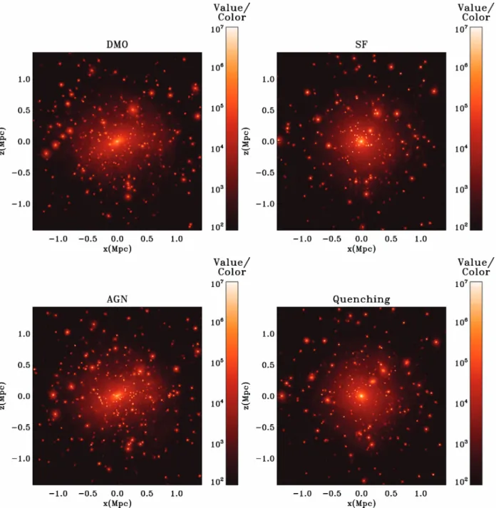 Figure 7. Maps of the dark matter overdensity distribution in the simulated cluster at z = 0 for our three models