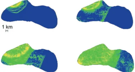 Figure 10. Wavefield snapshots for an asteroid simulation taken after 3 s, 4.5 s, 6.5 s and 10.5 s
