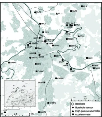 Figure 1. Overview of the study region with all seismic stations. Different symbols show borehole and strong motion stations maintained by either Geothermal Explorers or the Swiss Seismological Service