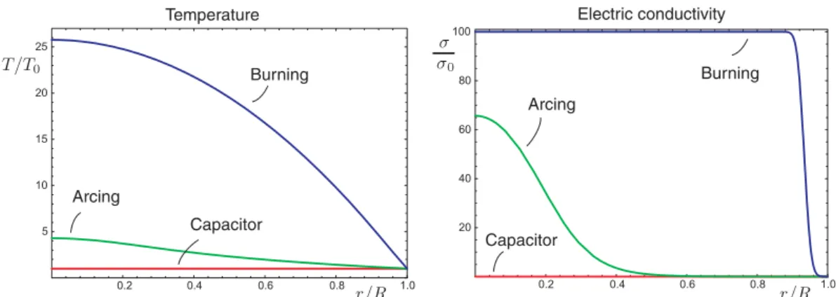 Figure 3. (Colour online) Three possible stationary solutions of the non-convective arc model, labeled by ‘capacitor’ solution,