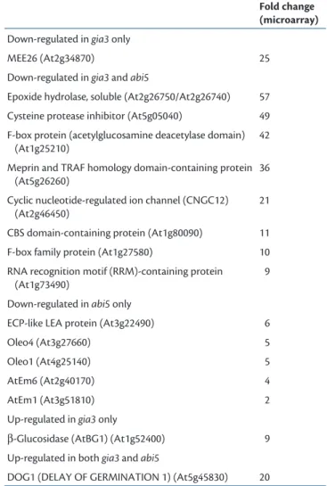 Table 1  summarizes the results obtained for a ﬁ nal number  of 16 genes. Among them, nine were down-regulated and two  were up-regulated genes in   gia3  in the presence of ABA with  a reproducible fold change of at least 2-fold in Northern blots  using d