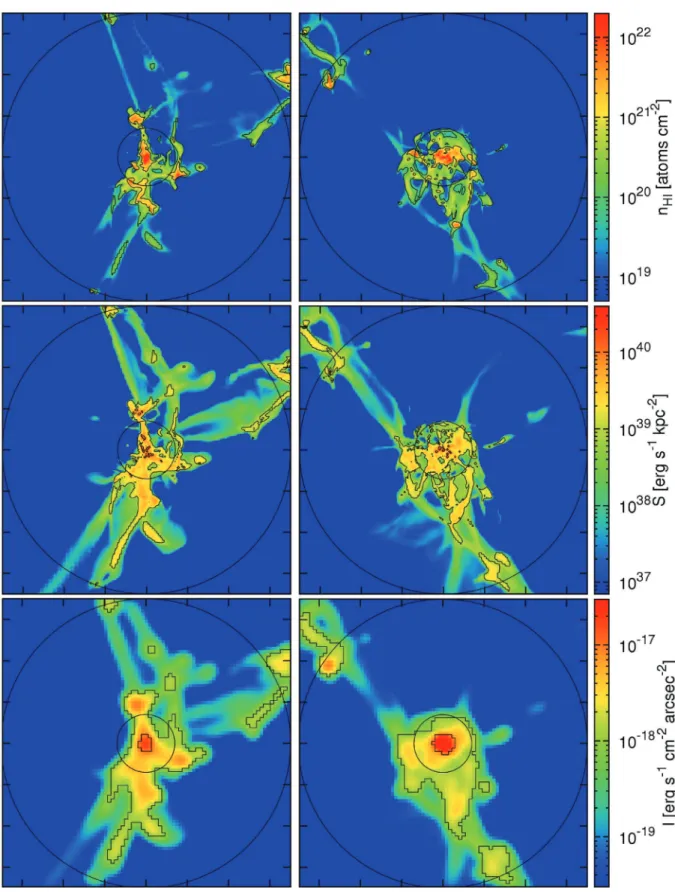 Figure 8. Images of two simulated CDB galaxies at z = 2.3 (left- and right-hand panels)