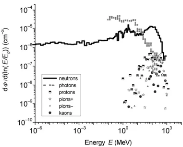 Figure 4. Particle ﬂuence spectra calculated with FLUKA behind the concrete shielding at position CS2 at CERF (14) .S