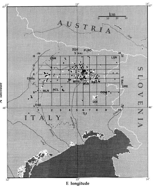 Figure 3. Location of the 3-D inversion grid: the triangles indicate the seismic stations; black dots, the earthquakes used for the V