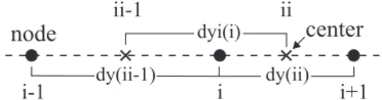 Figure 3. The variable, staggered grid in the y-direction. Nodes are numbered with index i and centres with index ii
